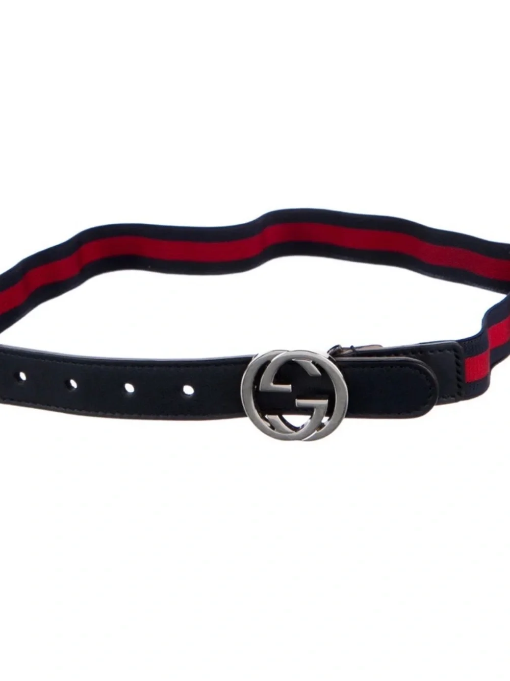 Gucci Black Leather & Red Navy Stripe Belt with Silver Interlocking G